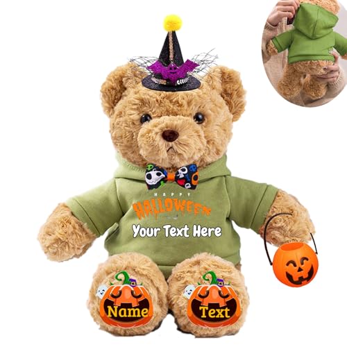 JABECODIFA Halloween Personalisierter Teddybär für Sie Ihn Bär Plüsch mit Text+Foto, Personalisierte Geschenke Teddybär mit Hut und Schleife als Besondere Geschenke für Halloween (26cm-Text+Foto) von JABECODIFA