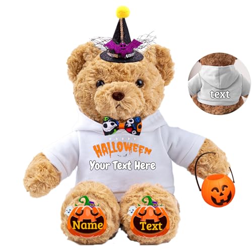 JABECODIFA Halloween Personalisierter Teddybär für Sie Ihn Bär Plüsch mit Text+Foto, Personalisierte Geschenke Teddybär mit Hut und Schleife als Besondere Geschenke für Halloween (26cm-Text+Foto) von JABECODIFA