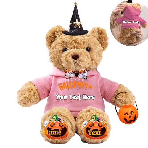 JABECODIFA Halloween Personalisierter Teddybär für Sie Ihn Bär Plüsch mit Text+Foto, Personalisierte Geschenke Teddybär mit Hut und Schleife als Besondere Geschenke für Halloween (26cm-Text+Foto) von JABECODIFA