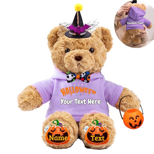 JABECODIFA Halloween Personalisierter Teddybär für Sie Ihn Bär Plüsch mit Text+Foto, Personalisierte Geschenke Teddybär mit Hut und Schleife als Besondere Geschenke für Halloween (26cm-Text+Foto) von JABECODIFA