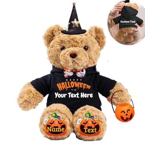 JABECODIFA Halloween Personalisierter Teddybär für Sie Ihn Bär Plüsch mit Text+Foto, Personalisierte Geschenke Teddybär mit Hut und Schleife als Besondere Geschenke für Halloween (26cm-Text+Foto) von JABECODIFA