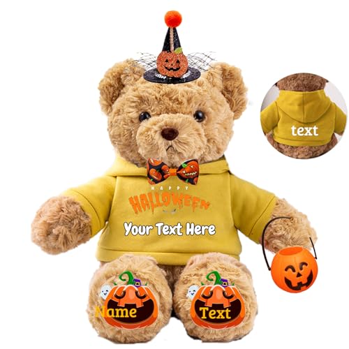 JABECODIFA Halloween Personalisierter Teddybär für Sie Ihn Bär Plüsch mit Text+Foto, Personalisierte Geschenke Teddybär mit Hut und Schleife als Besondere Geschenke für Halloween (26cm-Text+Foto) von JABECODIFA