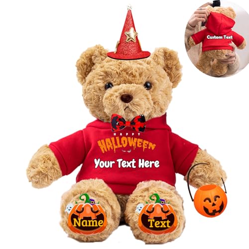 JABECODIFA Halloween Personalisierter Teddybär für Sie Ihn Bär Plüsch mit Text+Foto, Personalisierte Geschenke Teddybär mit Hut und Schleife als Besondere Geschenke für Halloween (26cm-Text+Foto) von JABECODIFA