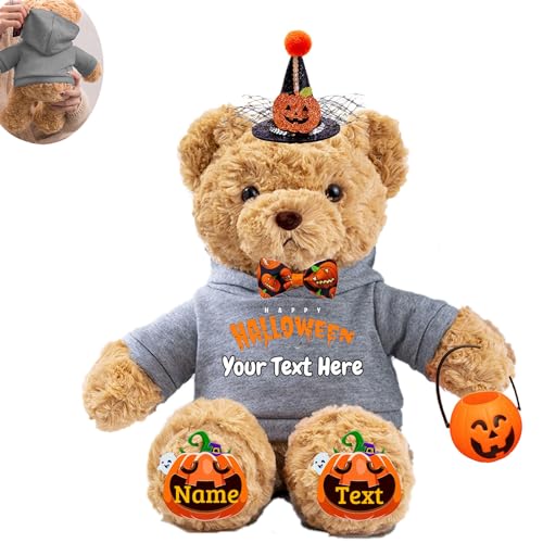 JABECODIFA Halloween Personalisierter Teddybär für Sie Ihn Bär Plüsch mit Text+Foto, Personalisierte Geschenke Teddybär mit Hut und Schleife als Besondere Geschenke für Halloween (26cm-Text+Foto) von JABECODIFA