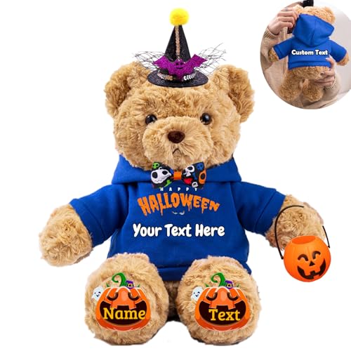 JABECODIFA Halloween Personalisierter Teddybär für Sie Ihn Bär Plüsch mit Text+Foto, Personalisierte Geschenke Teddybär mit Hut und Schleife als Besondere Geschenke für Halloween (26cm-Text+Foto) von JABECODIFA