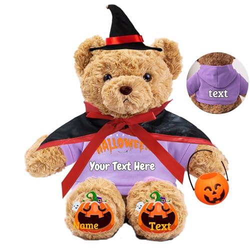 JABECODIFA Halloween Spielzeug Teddybär für Erwachsene Kinder Bär Plüschtiere mit Text+Foto, Personalisierte Geschenke Teddybär mit Hut und Vampir als Geschenke für Halloween Dekor (26cm-Text+Foto) von JABECODIFA