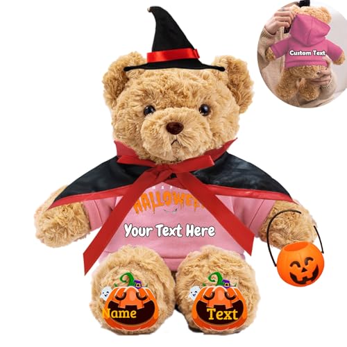 JABECODIFA Halloween Spielzeug Teddybär für Erwachsene Kinder Bär Plüschtiere mit Text+Foto, Personalisierte Geschenke Teddybär mit Hut und Vampir als Geschenke für Halloween Dekor (26cm-Text+Foto) von JABECODIFA