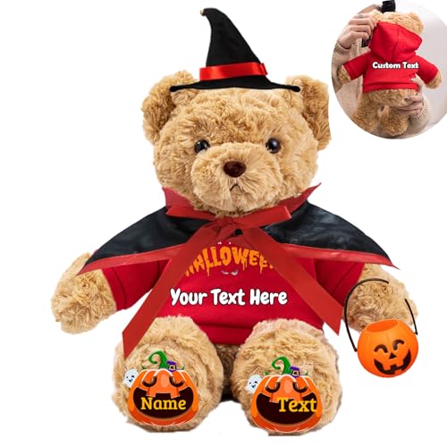 JABECODIFA Halloween Spielzeug Teddybär für Erwachsene Kinder Bär Plüschtiere mit Text+Foto, Personalisierte Geschenke Teddybär mit Hut und Vampir als Geschenke für Halloween Dekor (26cm-Text+Foto) von JABECODIFA