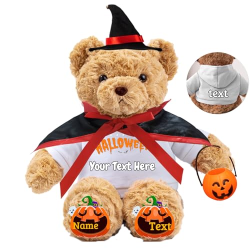 JABECODIFA Halloween Spielzeug Teddybär für Erwachsene Kinder Bär Plüschtiere mit Text+Foto, Personalisierte Geschenke Teddybär mit Hut und Vampir als Geschenke für Halloween Dekor (26cm-Text+Foto) von JABECODIFA