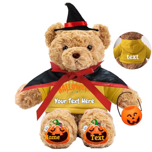 JABECODIFA Halloween Spielzeug Teddybär für Erwachsene Kinder Bär Plüschtiere mit Text+Foto, Personalisierte Geschenke Teddybär mit Hut und Vampir als Geschenke für Halloween Dekor (26cm-Text+Foto) von JABECODIFA