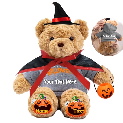 JABECODIFA Halloween Spielzeug Teddybär für Erwachsene Kinder Bär Plüschtiere mit Text+Foto, Personalisierte Geschenke Teddybär mit Hut und Vampir als Geschenke für Halloween Dekor (26cm-Text+Foto) von JABECODIFA