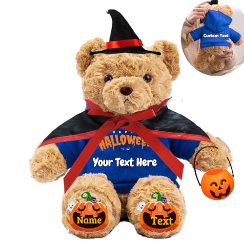 JABECODIFA Halloween Spielzeug Teddybär für Erwachsene Kinder Bär Plüschtiere mit Text+Foto, Personalisierte Geschenke Teddybär mit Hut und Vampir als Geschenke für Halloween Dekor (26cm-Text+Foto) von JABECODIFA