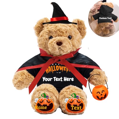 JABECODIFA Halloween Spielzeug Teddybär für Erwachsene Kinder Bär Plüschtiere mit Text+Foto, Personalisierte Geschenke Teddybär mit Hut und Vampir als Geschenke für Halloween Dekor (26cm-Text+Foto) von JABECODIFA