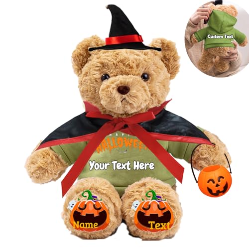 JABECODIFA Halloween Spielzeug Teddybär für Erwachsene Kinder Bär Plüschtiere mit Text+Foto, Personalisierte Geschenke Teddybär mit Hut und Vampir als Geschenke für Halloween Dekor (26cm-Text+Foto) von JABECODIFA