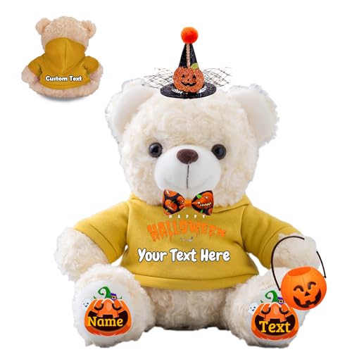 JABECODIFA Halloween Spielzeug Teddybär für Kinder Erwachsene Bär Plüschtiere mit Text+Foto, Personalisierte Geschenke Teddybär mit Hut und Schleife als Geschenke für Halloween Dekor (20cm-Text+Foto) von JABECODIFA