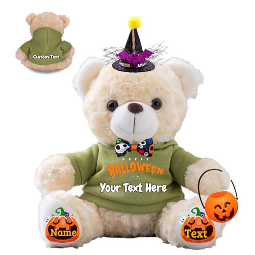 JABECODIFA Halloween Spielzeug Teddybär für Kinder Erwachsene Bär Plüschtiere mit Text+Foto, Personalisierte Geschenke Teddybär mit Hut und Schleife als Geschenke für Halloween Dekor (20cm-Text+Foto) von JABECODIFA