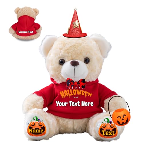 JABECODIFA Halloween Spielzeug Teddybär für Kinder Erwachsene Bär Plüschtiere mit Text+Foto, Personalisierte Geschenke Teddybär mit Hut und Schleife als Geschenke für Halloween Dekor (20cm-Text+Foto) von JABECODIFA