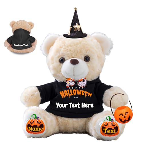 JABECODIFA Halloween Spielzeug Teddybär für Kinder Erwachsene Bär Plüschtiere mit Text+Foto, Personalisierte Geschenke Teddybär mit Hut und Schleife als Geschenke für Halloween Dekor (20cm-Text+Foto) von JABECODIFA