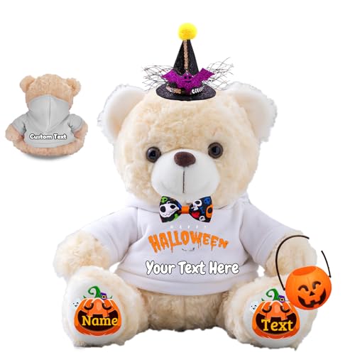 JABECODIFA Halloween Spielzeug Teddybär für Kinder Erwachsene Bär Plüschtiere mit Text+Foto, Personalisierte Geschenke Teddybär mit Hut und Schleife als Geschenke für Halloween Dekor (20cm-Text+Foto) von JABECODIFA