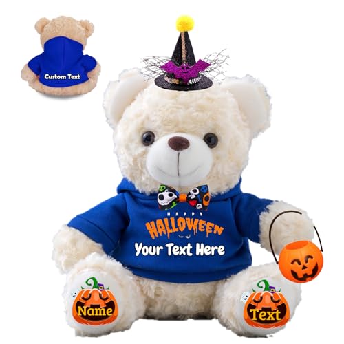 JABECODIFA Halloween Spielzeug Teddybär für Kinder Erwachsene Bär Plüschtiere mit Text+Foto, Personalisierte Geschenke Teddybär mit Hut und Schleife als Geschenke für Halloween Dekor (20cm-Text+Foto) von JABECODIFA