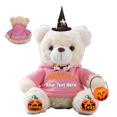 JABECODIFA Halloween Spielzeug Teddybär für Kinder Erwachsene Bär Plüschtiere mit Text+Foto, Personalisierte Geschenke Teddybär mit Hut und Schleife als Geschenke für Halloween Dekor (20cm-Text+Foto) von JABECODIFA