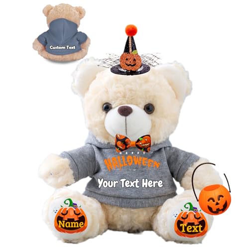 JABECODIFA Halloween Spielzeug Teddybär für Kinder Erwachsene Bär Plüschtiere mit Text+Foto, Personalisierte Geschenke Teddybär mit Hut und Schleife als Geschenke für Halloween Dekor (20cm-Text+Foto) von JABECODIFA