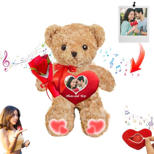 JABECODIFA Personalisierte Valentinstag Teddybär mit Herz für Frauen Männer, Valentine Teddybär mit Text + Foto, Personalisierte Geschenke Kinder Erwachsene (30 cm) von JABECODIFA