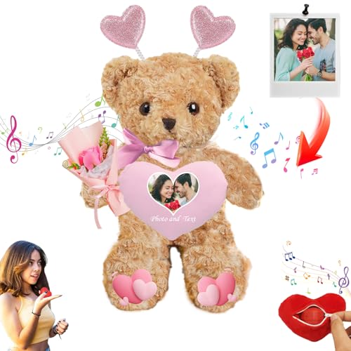 JABECODIFA Personalisierte Valentinstag Teddybär mit Herz für Frauen Männer, Valentine Teddybär mit Text + Foto, Personalisierte Geschenke Kinder Erwachsene (30 cm) von JABECODIFA