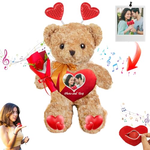 JABECODIFA Personalisierte Valentinstag Teddybär mit Herz für Frauen Männer, Valentine Teddybär mit Text + Foto, Personalisierte Geschenke Kinder Erwachsene (30 cm) von JABECODIFA