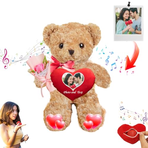 JABECODIFA Personalisierte Valentinstag Teddybär mit Herz für Frauen Männer, Valentine Teddybär mit Text + Foto, Personalisierte Geschenke Kinder Erwachsene (30 cm) von JABECODIFA