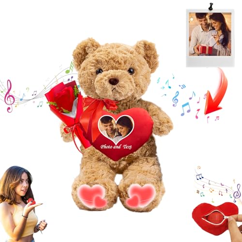 JABECODIFA Personalisierte Valentinstag Teddybär mit Herz für Ihn Sie, Plüschtiere Valentine Teddybär mit Text + Foto, Personalisierte Geschenke Geburtstag (26 cm) von JABECODIFA