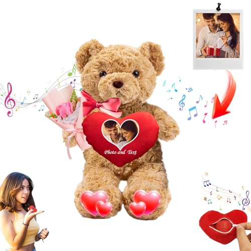 JABECODIFA Personalisierte Valentinstag Teddybär mit Herz für Ihn Sie, Plüschtiere Valentine Teddybär mit Text + Foto, Personalisierte Geschenke Geburtstag (26 cm) von JABECODIFA