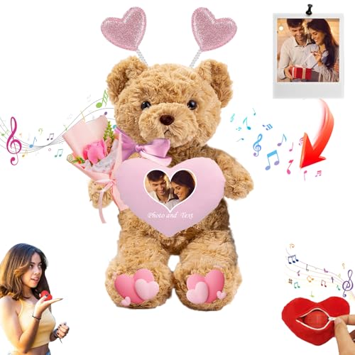 JABECODIFA Personalisierte Valentinstag Teddybär mit Herz für Ihn Sie, Plüschtiere Valentine Teddybär mit Text + Foto, Personalisierte Geschenke Geburtstag (26 cm) von JABECODIFA