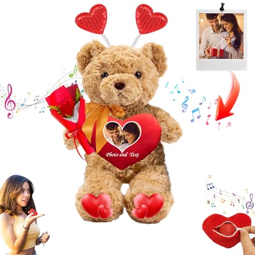 JABECODIFA Personalisierte Valentinstag Teddybär mit Herz für Ihn Sie, Plüschtiere Valentine Teddybär mit Text + Foto, Personalisierte Geschenke Geburtstag (26 cm) von JABECODIFA