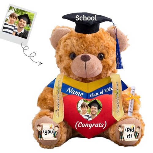 JABECODIFA Personalisierter Abschluss-Teddybär 2024, Abschlussgeschenke für Sie mit Text+Foto, Abschlussbär mit Herz als Abschlussgeschenk für Ihn zum Abschluss 2024 (25cm-Text+Foto) von JABECODIFA