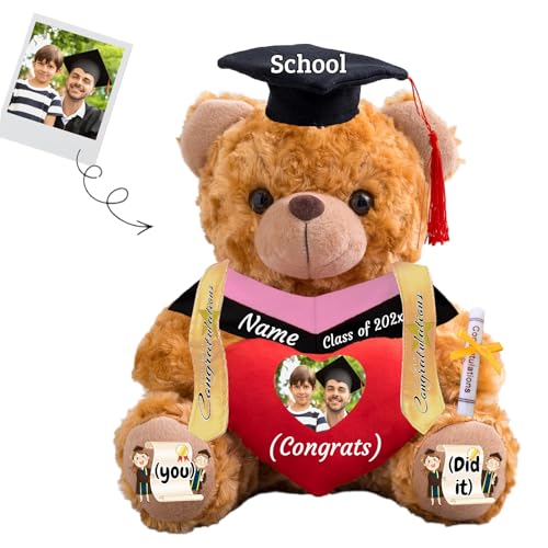 JABECODIFA Personalisierter Abschluss-Teddybär 2024, Abschlussgeschenke für Sie mit Text+Foto, Abschlussbär mit Herz als Abschlussgeschenk für Ihn zum Abschluss 2024 (25cm-Text+Foto) von JABECODIFA