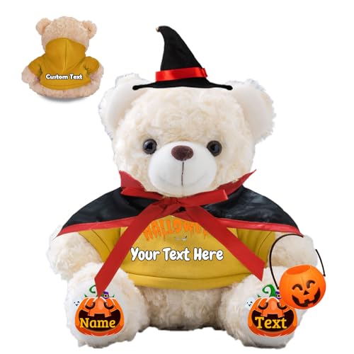 JABECODIFA Personalisierter Halloween Bär für Sie Ihn Bär Plüsch mit Text+Foto, Personalisierte Geschenke Teddybär mit Hut und Vampir als Geschenk für Halloween Party (20cm-Text+Foto) von JABECODIFA