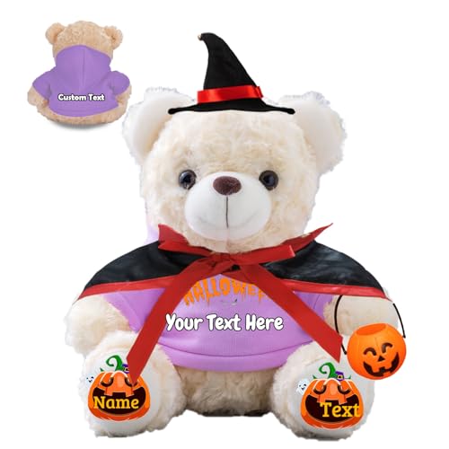 JABECODIFA Personalisierter Halloween Bär für Sie Ihn Bär Plüsch mit Text+Foto, Personalisierte Geschenke Teddybär mit Hut und Vampir als Geschenk für Halloween Party (20cm-Text+Foto) von JABECODIFA