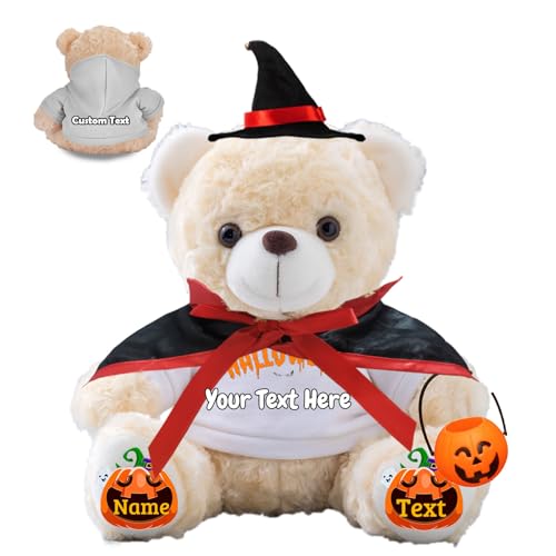 JABECODIFA Personalisierter Halloween Bär für Sie Ihn Bär Plüsch mit Text+Foto, Personalisierte Geschenke Teddybär mit Hut und Vampir als Geschenk für Halloween Party (20cm-Text+Foto) von JABECODIFA