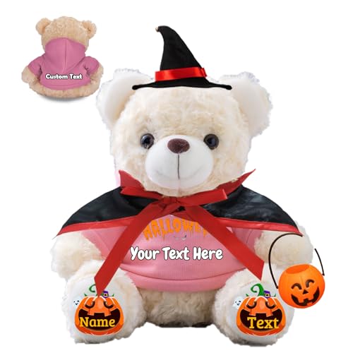 JABECODIFA Personalisierter Halloween Bär für Sie Ihn Bär Plüsch mit Text+Foto, Personalisierte Geschenke Teddybär mit Hut und Vampir als Geschenk für Halloween Party (20cm-Text+Foto) von JABECODIFA