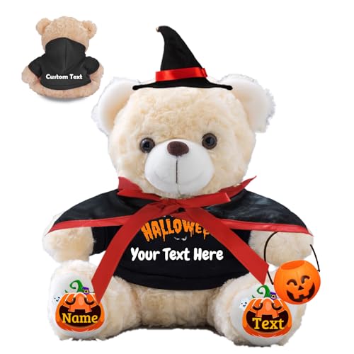 JABECODIFA Personalisierter Halloween Bär für Sie Ihn Bär Plüsch mit Text+Foto, Personalisierte Geschenke Teddybär mit Hut und Vampir als Geschenk für Halloween Party (20cm-Text+Foto) von JABECODIFA