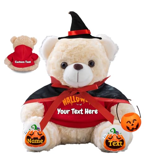 JABECODIFA Personalisierter Halloween Bär für Sie Ihn Bär Plüsch mit Text+Foto, Personalisierte Geschenke Teddybär mit Hut und Vampir als Geschenk für Halloween Party (20cm-Text+Foto) von JABECODIFA