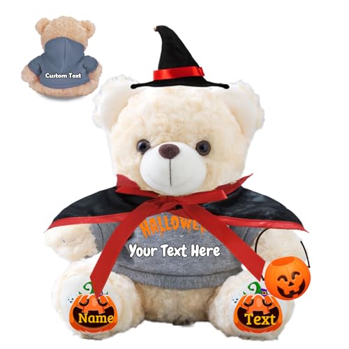 JABECODIFA Personalisierter Halloween Bär für Sie Ihn Bär Plüsch mit Text+Foto, Personalisierte Geschenke Teddybär mit Hut und Vampir als Geschenk für Halloween Party (20cm-Text+Foto) von JABECODIFA