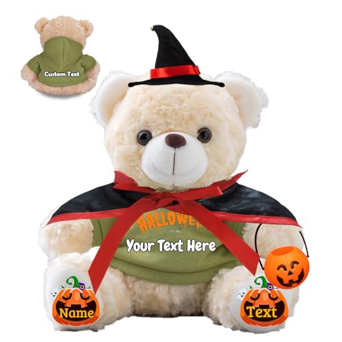 JABECODIFA Personalisierter Halloween Bär für Sie Ihn Bär Plüsch mit Text+Foto, Personalisierte Geschenke Teddybär mit Hut und Vampir als Geschenk für Halloween Party (20cm-Text+Foto) von JABECODIFA