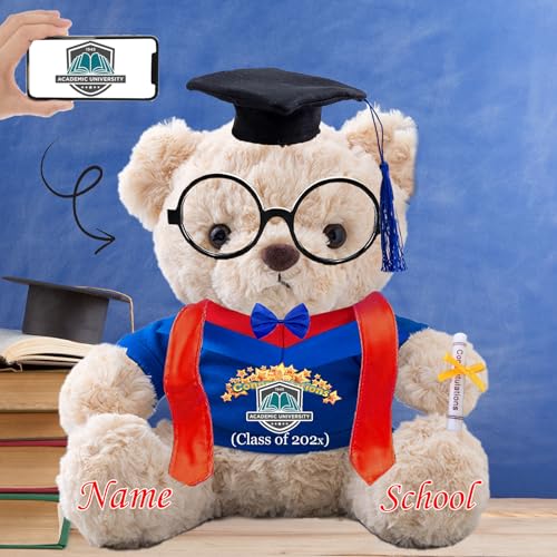 Personalisierter Abschluss-Teddybär 2024, Abschlussgeschenke für Sie mit Text+Foto, Abschlussbär mit Brille und Abschlussschal als Abschlussgeschenk für Ihn zum Abschluss 2024 (20-cm-Text+Foto) von JABECODIFA