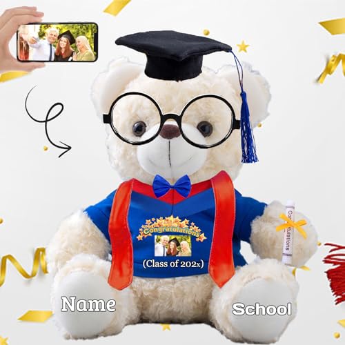 Personalisierter Abschluss-Teddybär 2024, Abschlussgeschenke für Sie mit Text+Foto, Abschlussbär mit Brille und Abschlussschal als Abschlussgeschenk für Ihn zum Abschluss 2024 (20cm--Text+Foto) von JABECODIFA