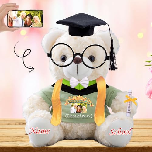 Personalisierter Abschluss-Teddybär 2024, Abschlussgeschenke für Sie mit Text+Foto, Abschlussbär mit Brille und Abschlussschal als Abschlussgeschenk für Ihn zum Abschluss 2024 (20cm--Text+Foto) von JABECODIFA