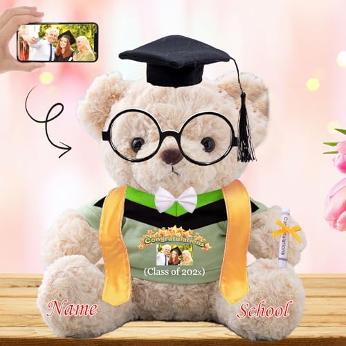 Personalisierter Abschluss-Teddybär 2024, Abschlussgeschenke für Sie mit Text+Foto, Abschlussbär mit Brille und Abschlussschal als Abschlussgeschenk für Ihn zum Abschluss 2024 (25-cm-Text+Foto) von JABECODIFA