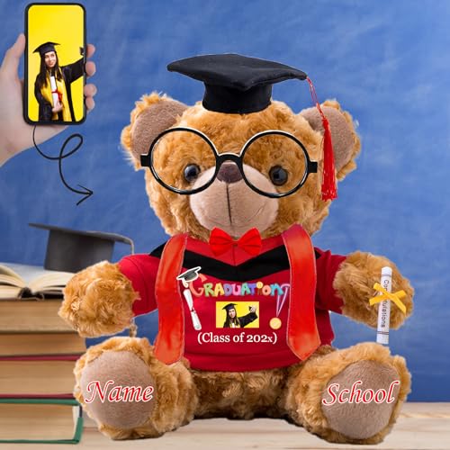 Personalisierter Abschluss-Teddybär 2024, Abschlussgeschenke für Sie mit Text+Foto, Abschlussbär mit Brille und Abschlussschal als Abschlussgeschenk für Ihn zum Abschluss 2024 (25 cm-Text+Foto) von JABECODIFA