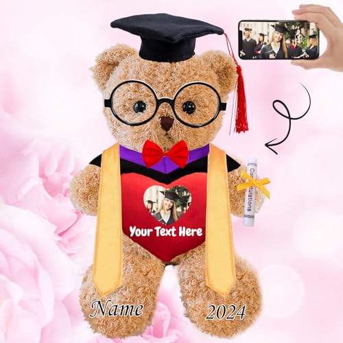 Personalisierter Abschluss-Teddybär 2024, Abschlussgeschenke für Sie mit Text+Foto, Abschlussbär mit Brille und Abschlussschal als Abschlussgeschenk für Ihn zum Abschluss 2024 (25cm-Text+Foto) von JABECODIFA